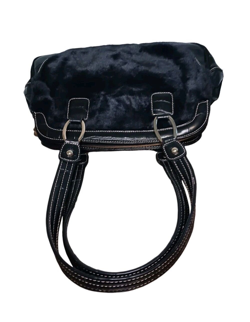 Y2K Kathy Van Zeeland Black Faux Fur & Gold Studded Glam Handbag Croc Embossed - Picture 4 of 7